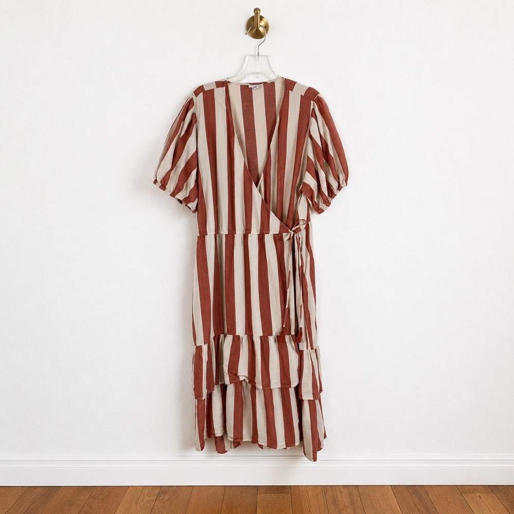 100% Cotton Rust Cream Striped Tiered Wrap Dress Size 2X Summer Fall Knox Rose